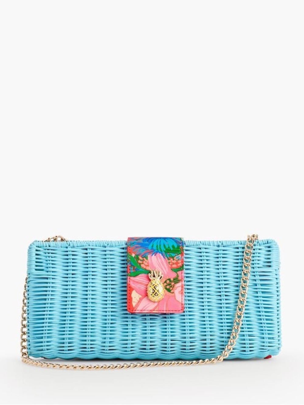 Talbots Turquoise Woven Clutch with Floral Pineapple Tab